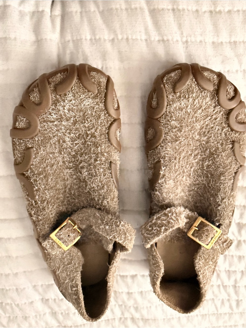 Loewe Beige Shearling Buckle Mules